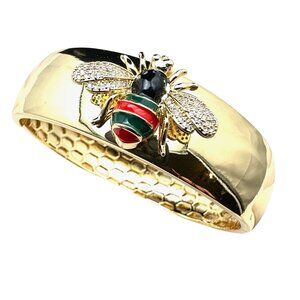 Bee Bracelet Clear Crystal Red Green Enamel Gold Plated Hinged Bangle 7 Inch